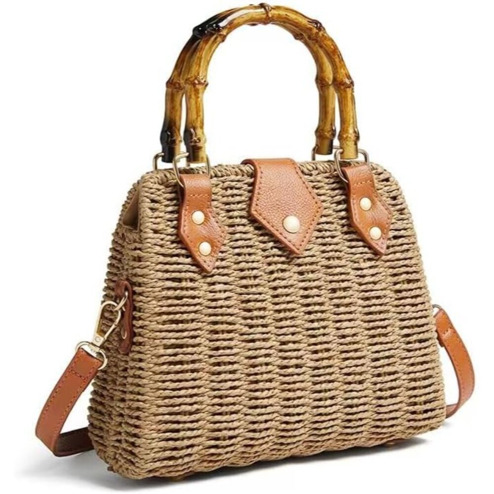 Woven Straw Handbag with Bamboo Handle Leather Trim Crossbody Casual
